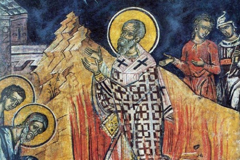 Saint Polycarpe myroblyte, détail d'une fresque du monastère de Dionysiou, mont Athos / © CC BY-SA 4.0, Octave 444.