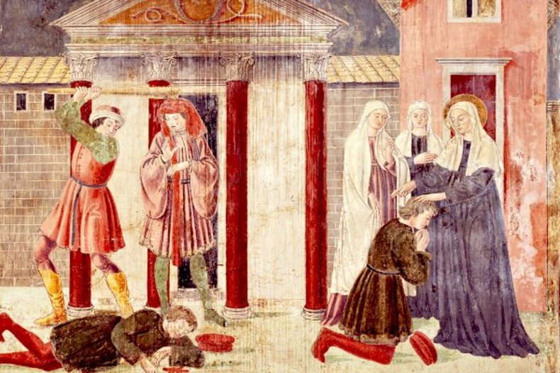 Antoniazzo Romano, Sainte Françoise Romaine guérissant un mourant, 1468, Monastero di Tor de Specchi, Rome. / © CC0, wikimedia.