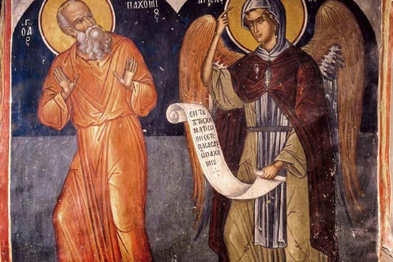 Saint Pacôme reçoit sa règle monastique d'un ange messager (Fresque du XIVe s., Mont Athos)