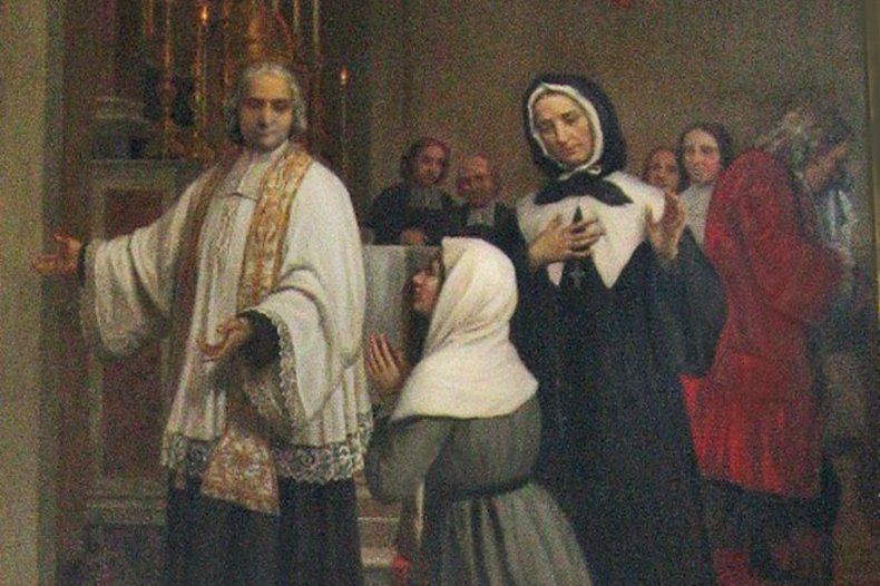 Entrée en réclusion de Jeanne Le Ber, peinture de Bottoni, 1908. / © 1662jeanne, CC BY-SA 3.0, via Wikimedia Commons.
