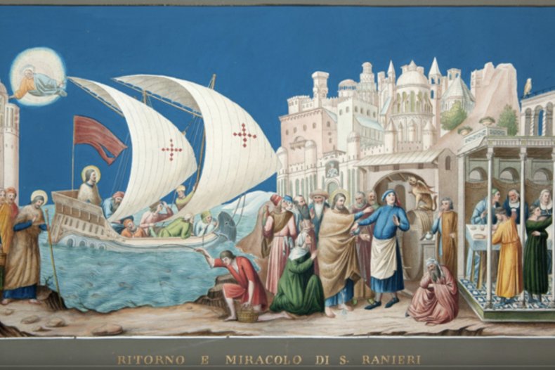 C. Lasinio, Gravure à l'aquarelle, XIXè siècle. Retour à Pise et miracles de saint Rainier. / © CC0, via BeWeb.