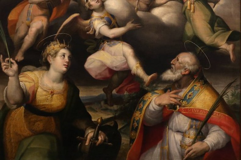 Orazio Sammachini, saint Jean-Baptiste jeune en gloire avec sainte Catherine d'Alexandrie et le pape Silvère, 1570-75, palais ducal de Mantoue. / © CC BY 3.0, Sailko.