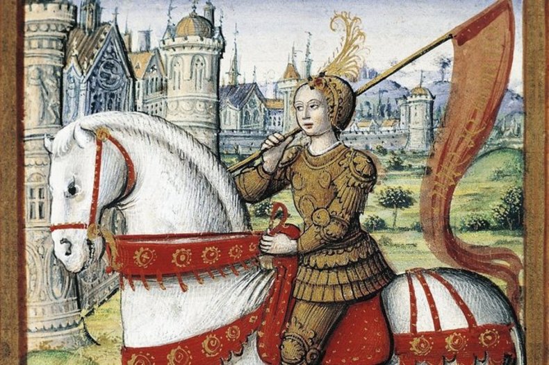 Juana de Arco a caballo. Ilustración del manuscrito de Antoine Dufour, Les vies des femmes célèbres, Nantes, Musée Dobrée, 1504. ©CC0/wikimedia